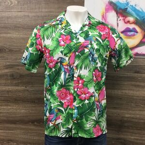 Vintage Paradise Beach Club Hawaiian Shirt‎ Tropical Parrot Floral Print USA L
